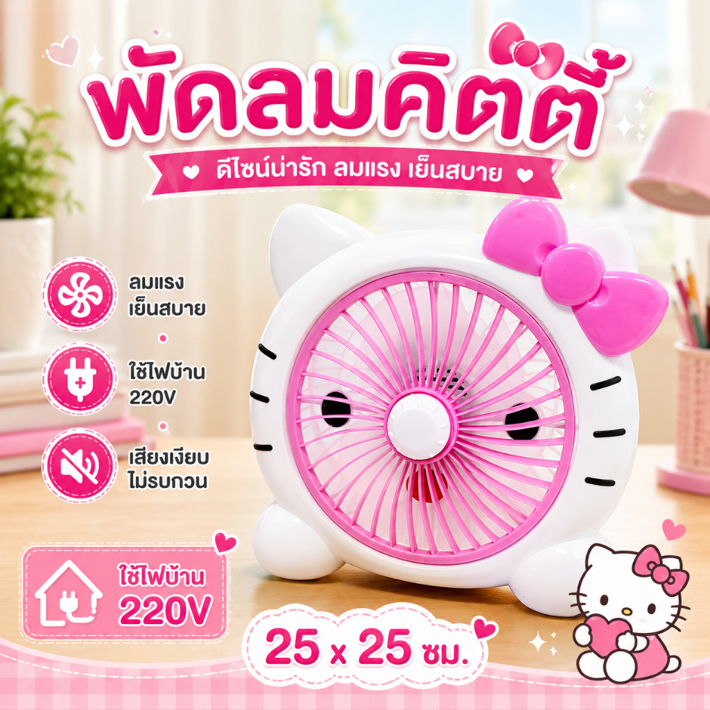 พัดลม Hello Kitty พัดลมตั้งโต๊ะ ใช้ไฟบ้าน เสียงเบา ดีไซน์น่ารัก