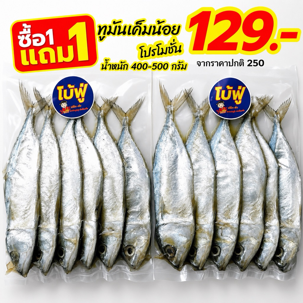 ปลาทูมัน เค็มน้อย (1ฟรี1) ราคาโปรโมชั่น 129 บาท จากราคาปกติ 250บาท