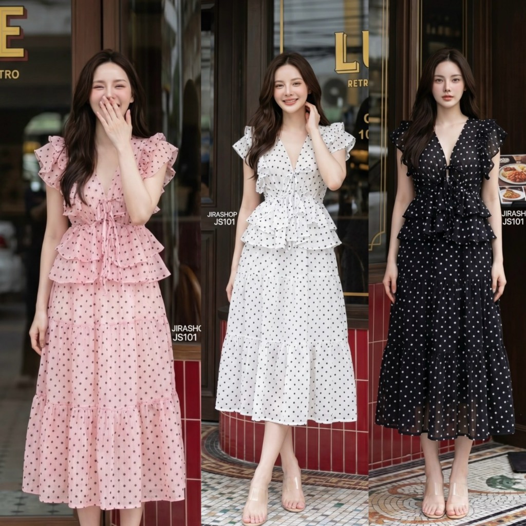 JiraClothing JS101 ชุดเซตเสื้อแต่งระบายช่วงไหล่และชายเสื้อ+กระโปรงยาวลายจุด