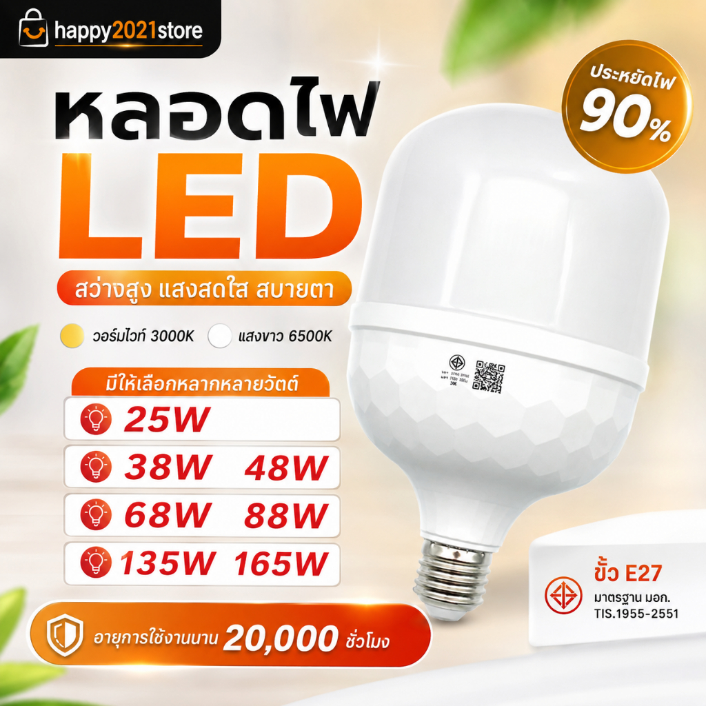 หลอดไฟ LED แสงสีขาว E27 หลอดไฟบ้าน ไฟห้องนอน หลอดไฟ E27 38W 48W 68W 88w 135W หลอดไฟ LED สว่างด้วยแสงส