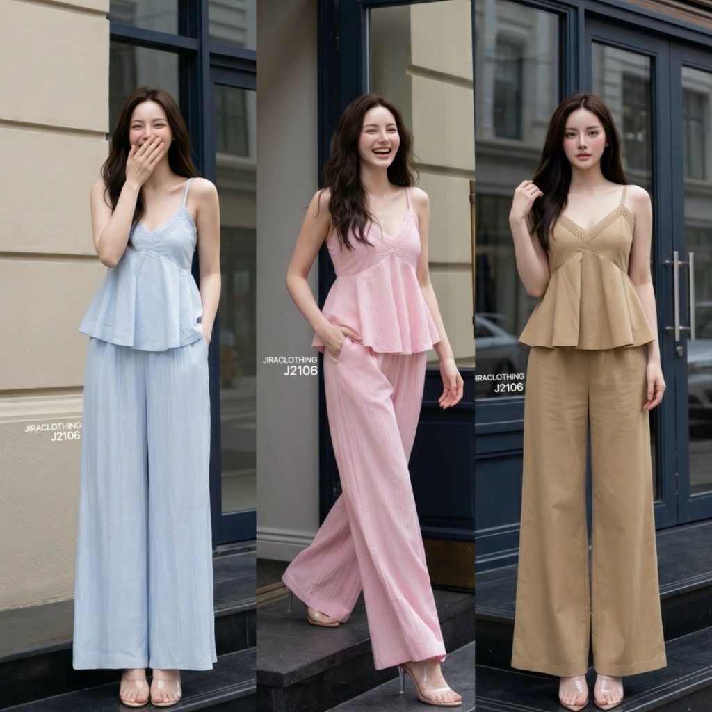 J2106 JiraClothing ชุดเซตเสื้อสายเดี่ยวดีเทลแต่งลูกไม้ช่วงอก+กางเกงขายาวทรงกระบอก