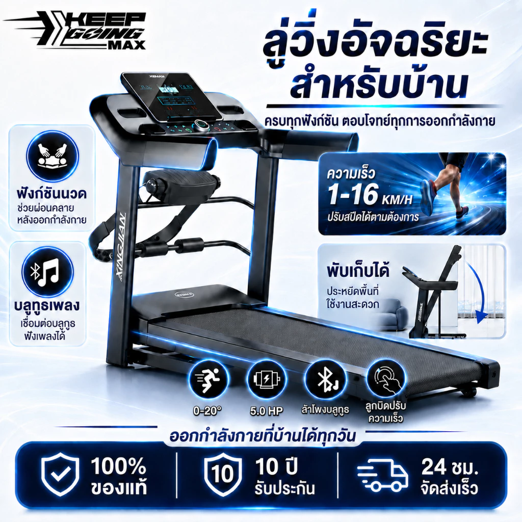ลู่วิ่งไฟฟ้า JC700 ลู่วิ่ง เครื่องวิ่งไฟฟ้า 5.0 แรงม้า ลู่วิ่งพับได้ ปรับระดับความเร็ว 16 ระดับ ปรับความชันได้ 3 ระดับ