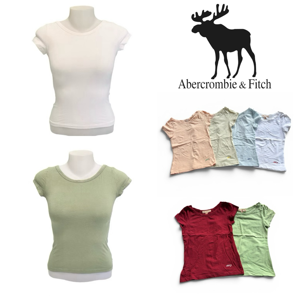 Abercrombie and fitch เสื้อยืด คอกลม ตัวจิ๋วทรงสลิมฟิต XX70 ผ้า Cotton ผสม Spandex ยืดหยุ่นตามตัว