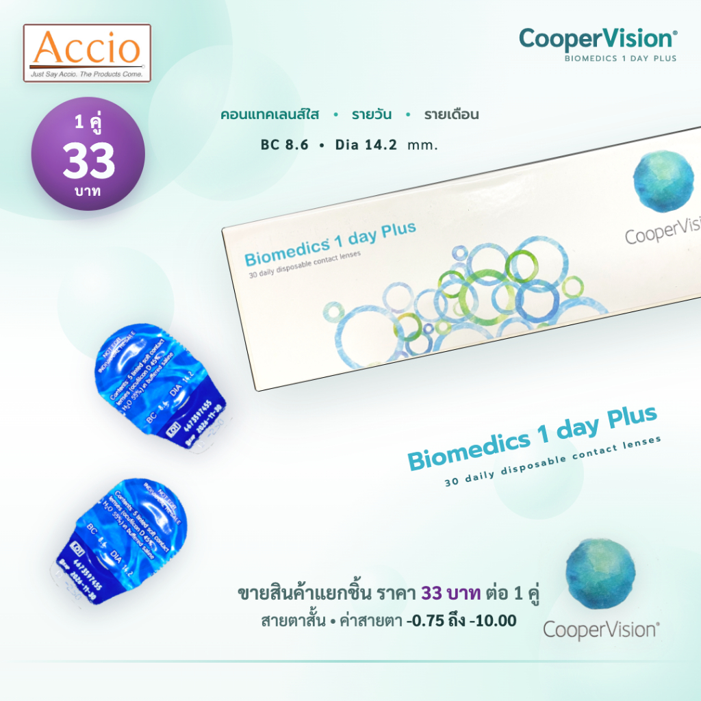 [แยกจำหน่าย 1คู่ ] Cooper Vision Biomedics 1Day Plus คูเปอร์วิชั่น ไบโอเมดิกวันเดย์พลัส คอนแทคเลนส์ รายวัน แยกจำหน่าย