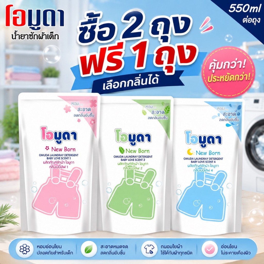 ซื้อ2 แถม 1 น้ำยาซักผ้าOMUDA  NEWBORN โปรลดโหดเลือกกลิ่นได้นะคะ น้ำยาซักผ้าเด็กหอมสะอาดลดกลิ่นอับชื้น ขนาด550ML.ต่อถุง ไ