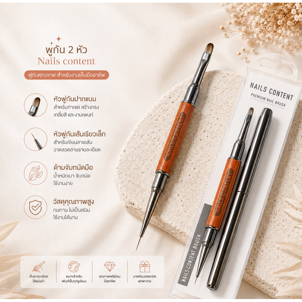 พู่กัน 2 หัว Nails content ขนแปรงอย่างดี เหมาะสำหรับการลงรับเบอร์เบส ลงบิลเด้อเจล ทาสีเจล เกลี่ยเจล และ ด้ามเพ้นท์เล็บ ป