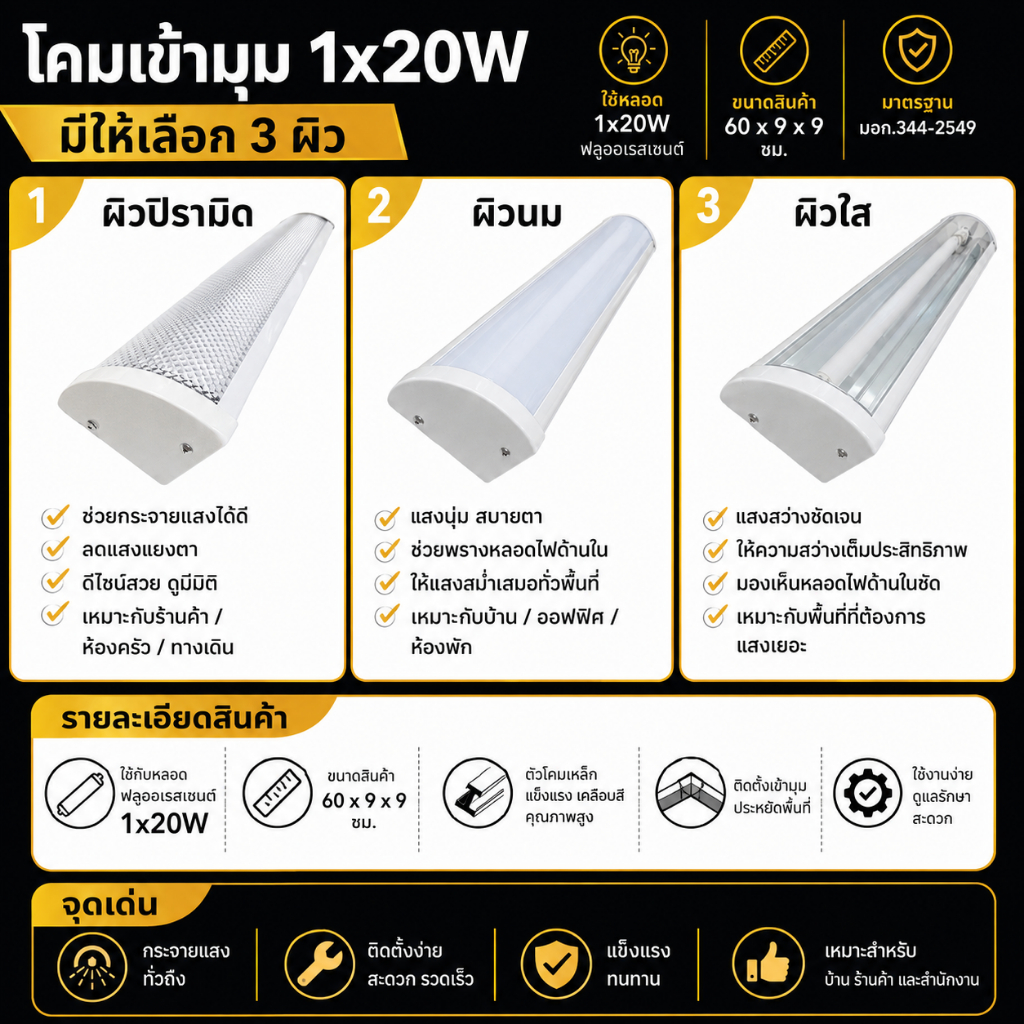 TSP โคมตัวยูเข้ามุม 1X20W สีใส นม พีระมิด โคมอุตสาหรรม โคมไฟตัวยู แบบสั้น ยาว 60 ซม. (ไม่รวมหลอด) ราคา ถูกที่สุด ดีลบีเคเค แกลเลอรีภาพที่ 2