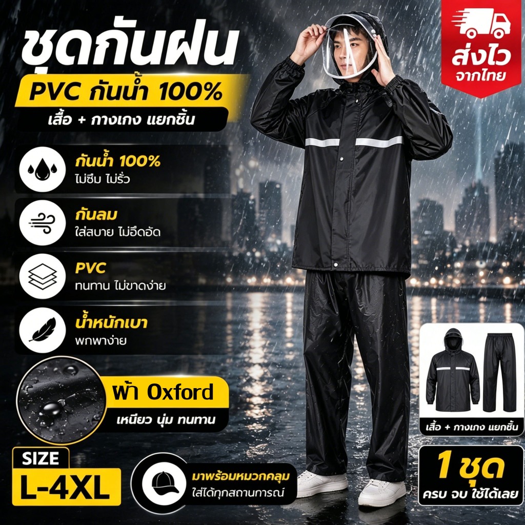 กันฝนตกหนัก! เสื้อกันฝนผู้ใหญ่ชนิด PVC ออกแบบแยกส่วน ชุดเสื้อกันฝนหมวก+เสื้อ+กางเกง