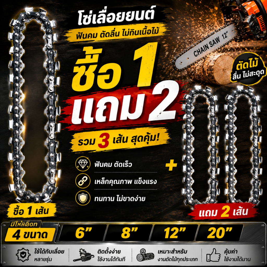 💥ซื้อ 1 แถม 2💥 โซ่เลื่อยยนต์+บาร์เลื่อย 6/8/12/20 นิ้ว ฟันคม ตัดลื่น ใช้ได้หลายรุ่น อะไหล่เลื่อยไฟฟ้า แข็งแรง ทนทาน
