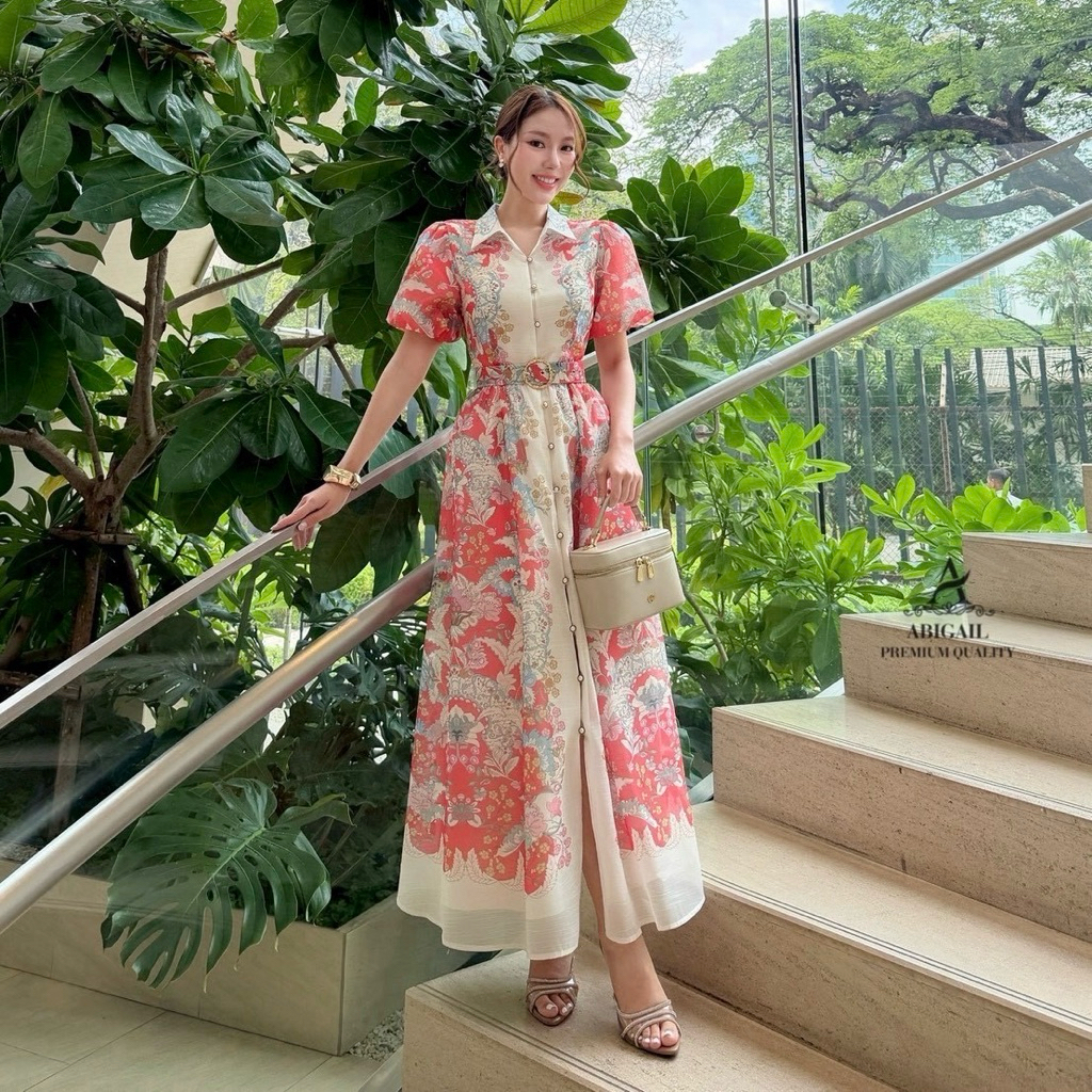 เดรสยาวพิมพ์ลายแขนพอง คอปกสูท แต่งลายกราฟฟิก กระดุมหน้าซับในทั้งตัว มาพร้อมเข็มขัด #abi