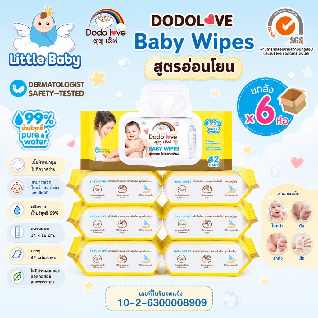 [ส่งด่วน แพ็ค 6 ห่อ] DoDolove ทิชชู่เปียกเด็ก 42 แผ่น/ห่อ สูตรอ่อนโยน 0% แอลกอฮอล์ ผ้าเช็ดทำความสะอาดผิว นุ่ม พกพาสะดวก