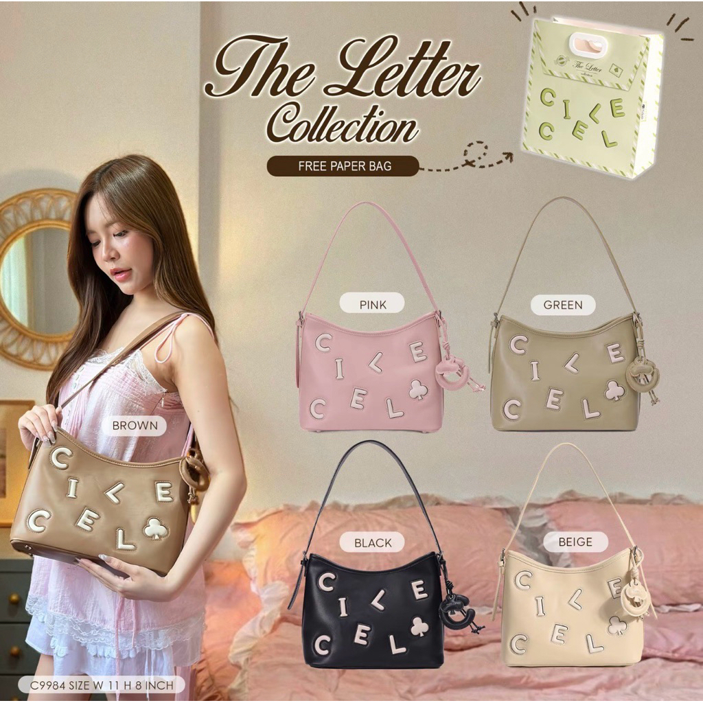 แถมถุงกระดาษ 5 สี🛍️Letter bag💯กระเป๋าสะพายไหล่ cicelle ของแท้❤️ พร้อมพวงกุญแจนุ่มนิ่มตัวอักษรตัว C และดอกจิก♣️ 9984