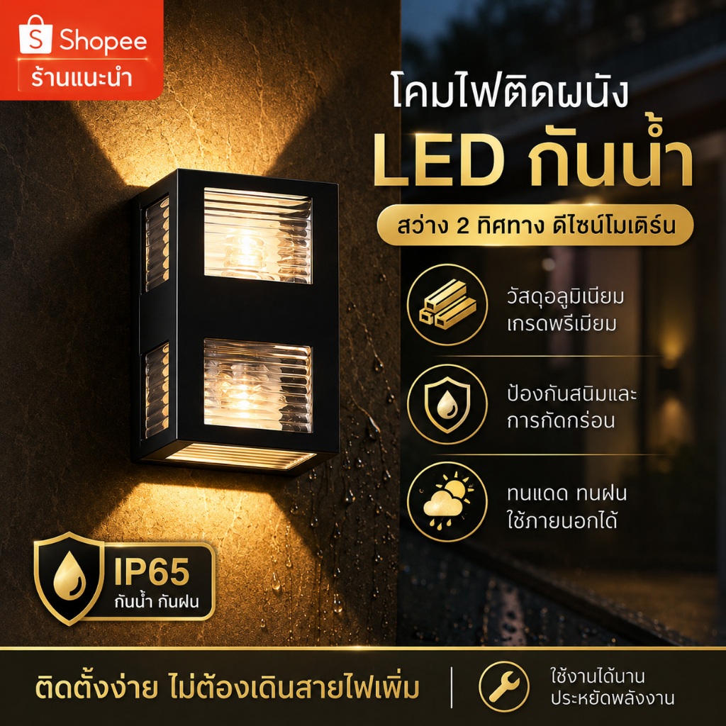 โคมไฟติดผนังกลางแจ้งคู่ หัว กันน้ำ สำหรับทางเข้า บ้าน สไตล์เรียบง่าย สำหรับทางเดินและผนังลาน สี่เหลี่ยม