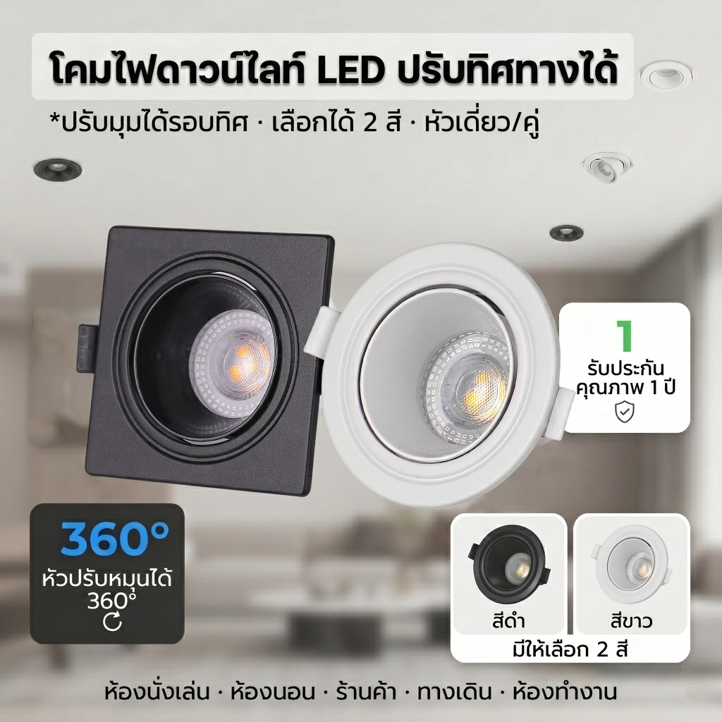GU10 ไฟดาวน์ไลท์ LED ฝัง 3สี มุมปรับได้ โคมดวงฝัง ไฟดาวน์ไลท์ โคมไฟเพดาน สำหรับใช้ในห้องนั่งเล่น ห้องนอน และห้องโถง