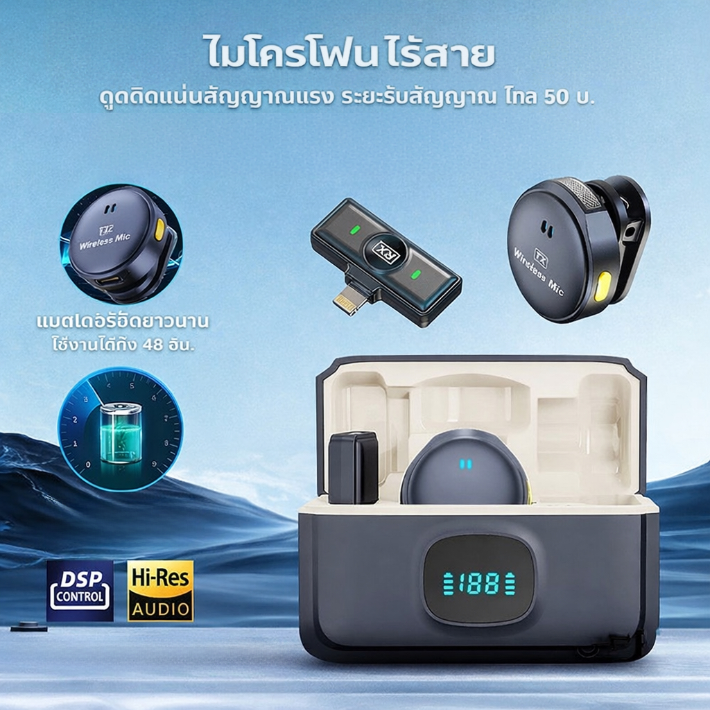 ไมโครโฟนไร้สาย ชนิดเลวาเลียร์ พกพาสำหรับถ่ายวิดีโอและออดิโอ ไมค์ไร้สายแบบหนีบ 2 ตัว พร้อมเคสชาร์จ สำหรับ iPhone, Android