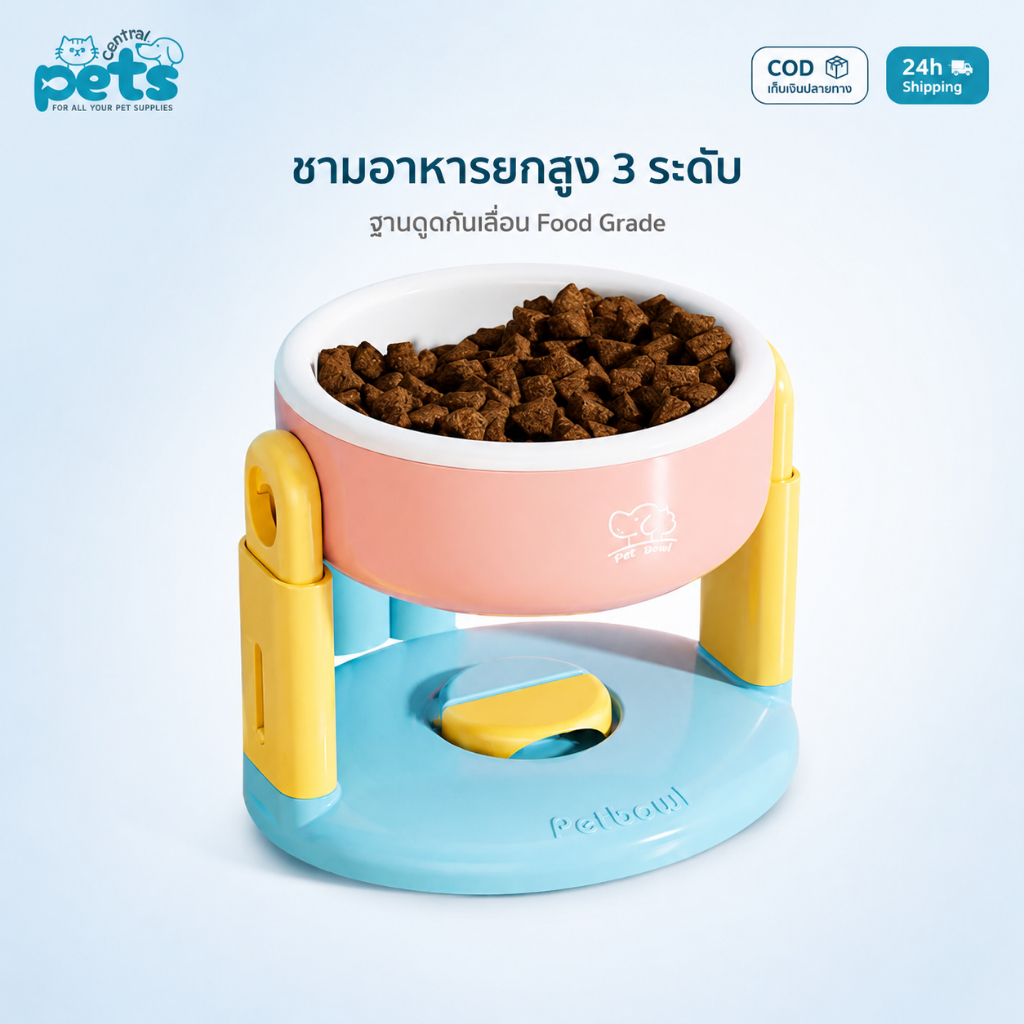 【โปรวันนี้】ชามอาหารสัตว์เลี้ยงปรับสูงได้3ระดับ ฐานดูดกันลื่น PP+ABS สำหรับสุนัขแมว Pet Bowl