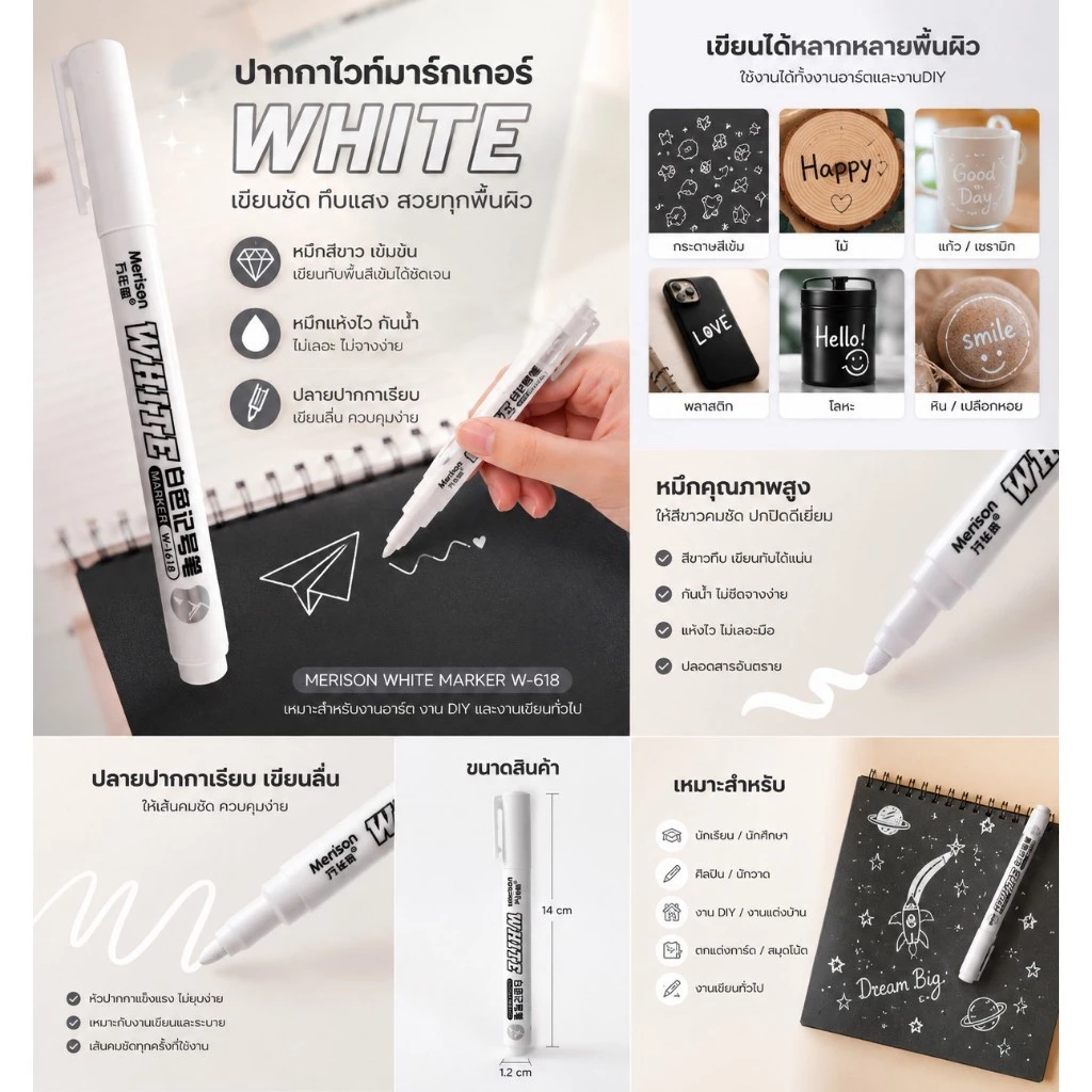 ปากกาเขียนสีขาว Paint Marker ปิดเลขระบายสีตามตัวเลข ปากกาเพ้นท์สีขาว แห้งไวกันน้ำ สำหรับงานอาร์ต