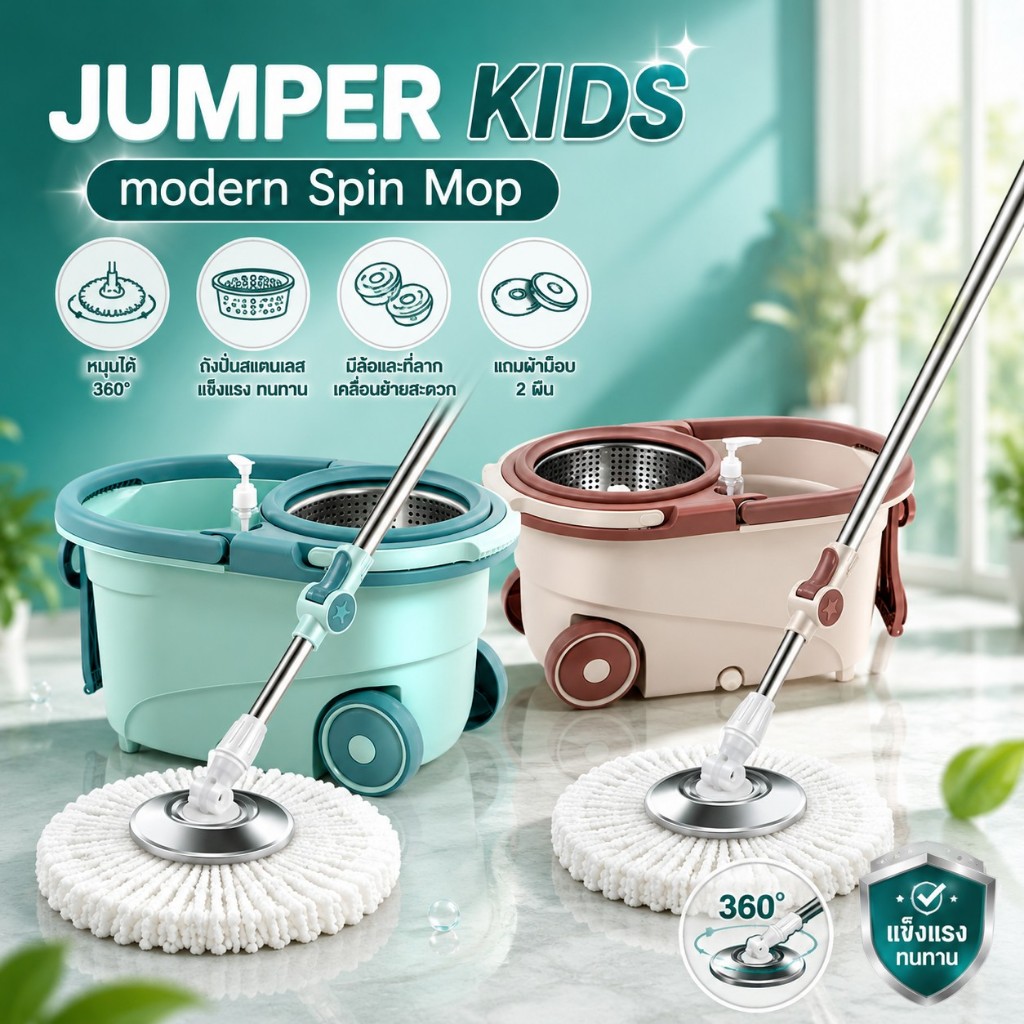 Jumper Kids modern Spin Mop ถังปั่นไม้ม๊อบสแตนเลส ชุดไม้ถูพื้น แถมผ้าม๊อบ 2 ผืน หมุนได้ 360 องศา มีล้อ และที่ลาก