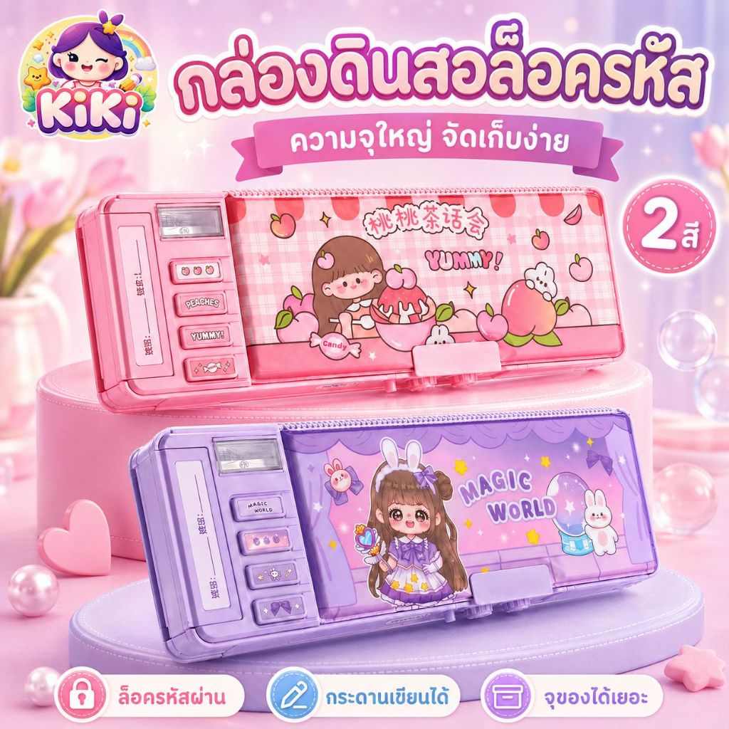 KiKi กล่องดินสอล็อครหัส ความจุใหญ่ มีบอร์ดเขียนได้ ลายการ์ตูนน่ารัก สำหรับนักเรียน