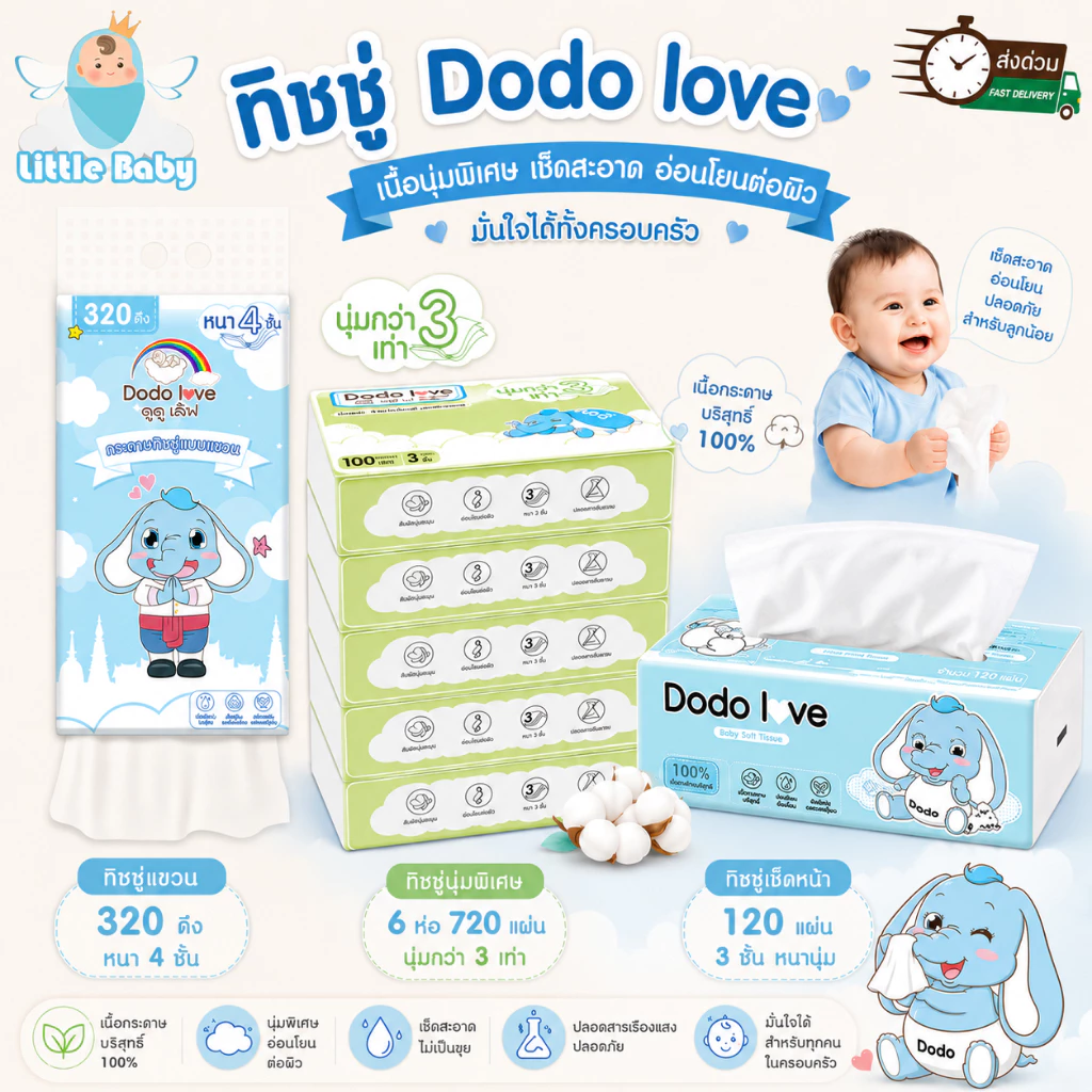 ส่งด่วน ยกแพ็ค 6 ชิ้น Baby Cotton Soft Tissue ทิชชู่ สำหรับเด็กอ่อน หนานุ่ม 3 ชั้น กระดาษทิชชู่