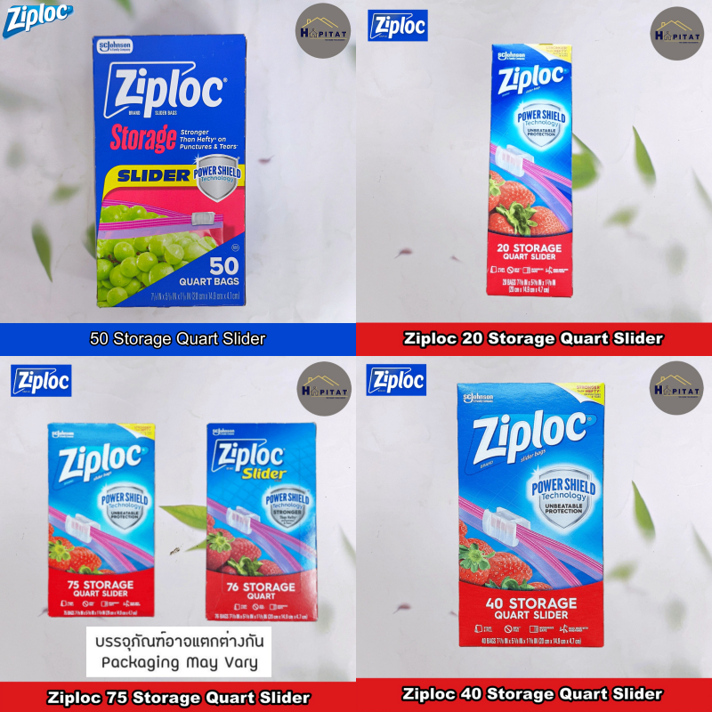 Ziploc® Storage Quart Slider Bags 20, 40, 50, 75 Count ถุงเก็บอาหาร ถุงอเนกประสงค์ Power Shield Technology