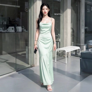 เดรสราตรียาว สายเดี่ยวแต่งไข่มุก TT18147