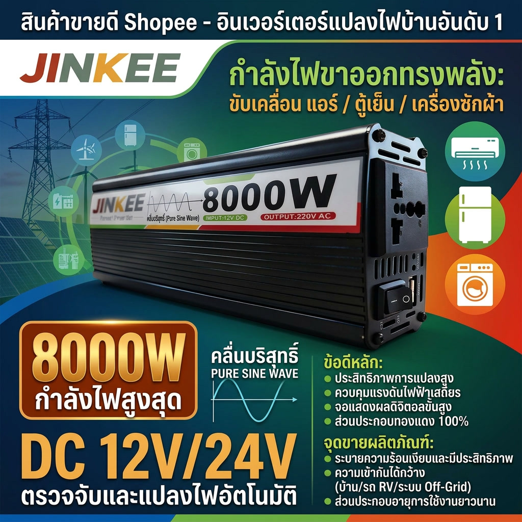 TOP3 24V 8000W อินเวอร์เตอร์ 5000W JINKEE 12V TO 220V อินเวอร์เตอร์โซลาร์เซลล์ อินเวอร์เตอร์ไฟ แปลงไฟ12v เป็น 220v