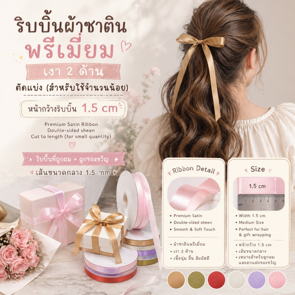 ริบบิ้นผ้าซาตินขนาด 1.5 cm.สีเรียบเงา 2 ด้าน รุ่น CLASSIC ผูกของขวัญวันเกิด ผูกผม ตกแต่งต่างๆ DIY [RBY-0023]