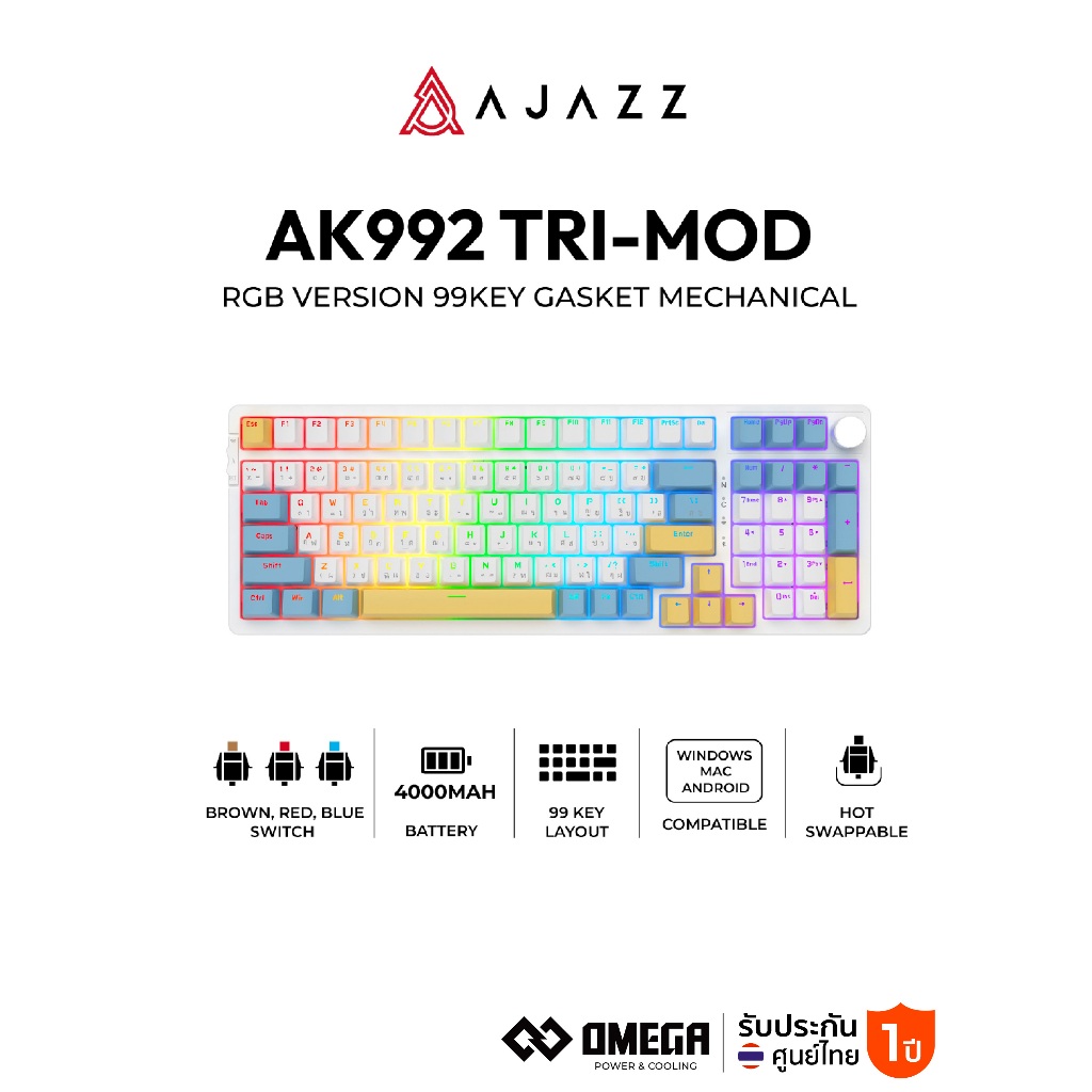คีย์บอร์ดเกมมิ่ง Ajazz AK992 Tri-Mod RGB Version 99Key Gasket Mechanical Keyboard รับประกันสินค้า 1 