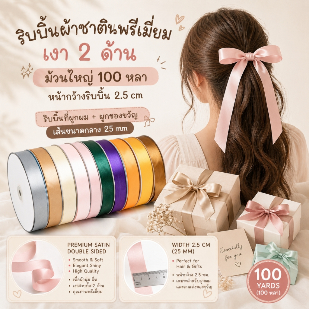 1 ม้วนใหญ่【100หลา】* ริบบิ้นผ้าซาตินขนาด 2.5 CM. สีเรียบเงา 2 ด้าน รุ่น CLASSIC ผูกของขวัญวันเกิด ผูกผม ตกแต่งต่างๆ DIY