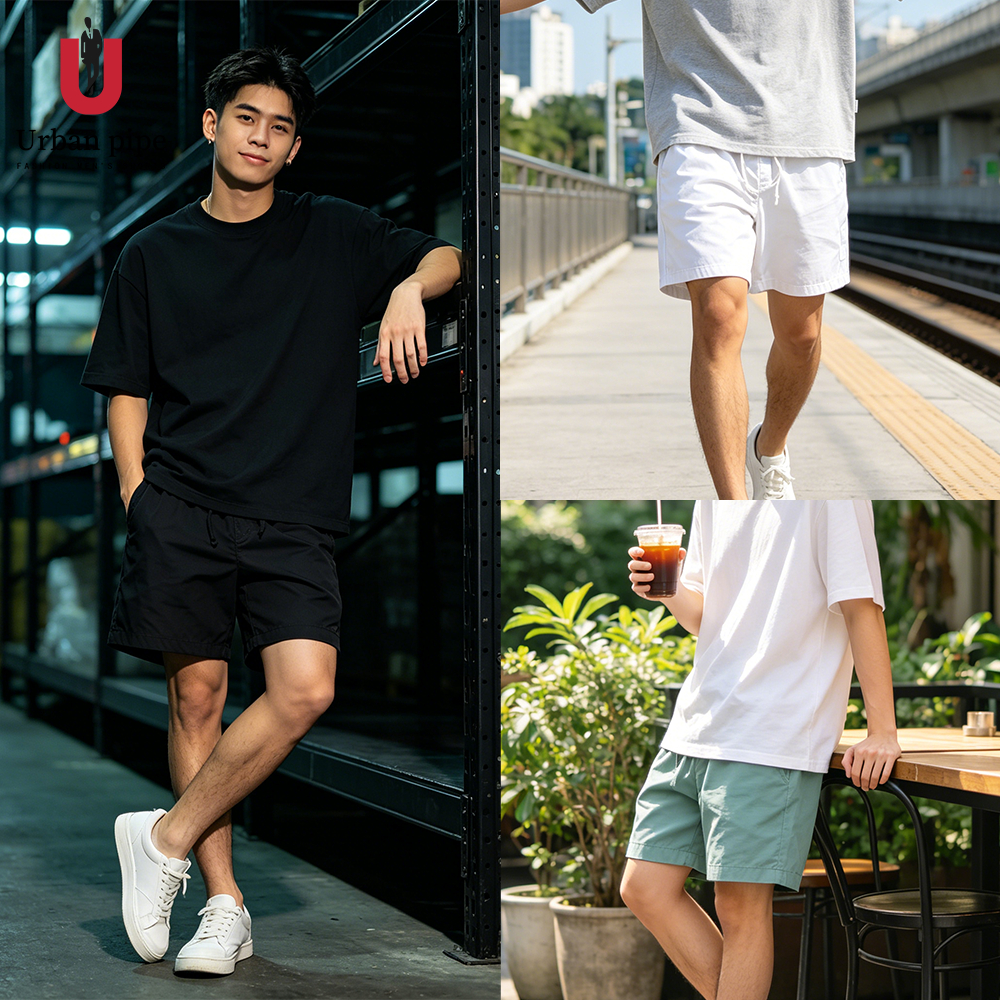 Urban Pipe กางเกงขาสั้นผู้ชาย รุ่น 20255 สีทึบเหนือเข่า ผ้าฝ้าย100% ระบายอากาศนุ่มและอบอุ่น เอวยางยืด Cleanfit Plain