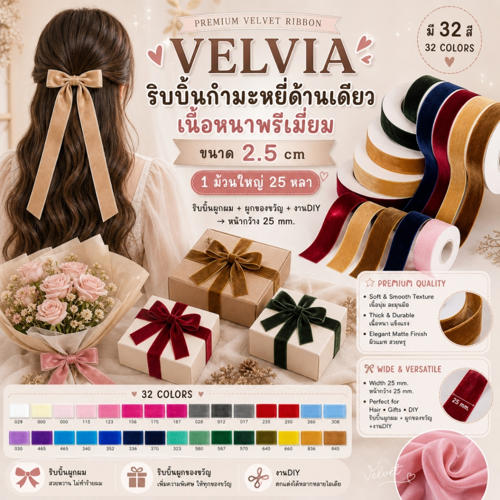 1 ม้วนใหญ่【25 หลา】* ขนาด 2.5 cm. VELVIA – Premium Velvet Ribbon ริบบิ้นกำมะหยี่เนื้อแน่นพรีเมี่ยม เงานุ่มหรู [RBR-0033]