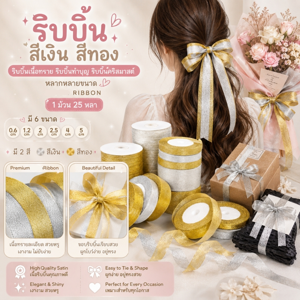 1 ม้วน【25หลา】* ริบบิ้นสีเงิน สีทอง ริบบิ้นเนื้อทราย ริบบิ้นทำบุญ ริบบิ้นคริสมาสต์ หลากหลายขนาด [RBR-0095]