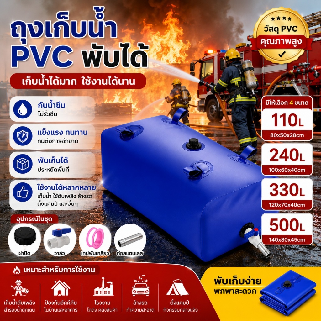 ถุงเก็บน้ำพับได้ ขนาดใหญ่ PVC หนา กันน้ำ 100% ทนทาน ใช้งานกลางแจ้ง รถบรรทุก เกษตร แคมป์ปิ้ง เคลื่อนย้ายง่าย