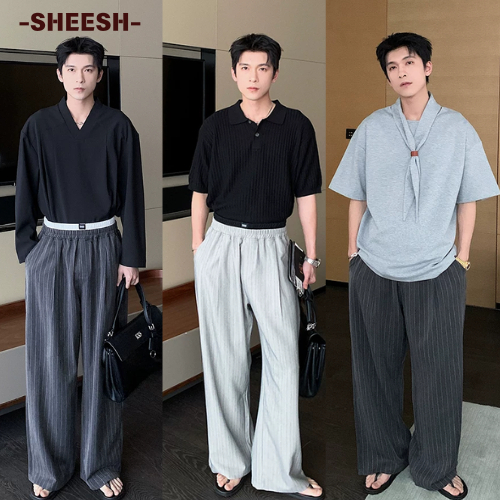 SHEESH กางเกงลายทางวอชออนผู้ชาย อเมริกันเรโทร ขากว้างหลวมๆ เอวยืดสีตัดกัน ใส่แล้วดูเท่