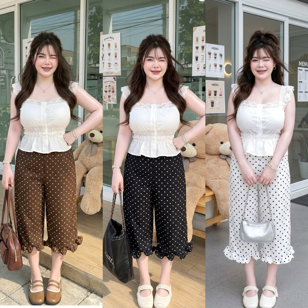 ชุดเซต2ชิ้นน่ารัก เสื้อสายเดี่ยวลูกไม้+กางเกง5ส่วน 🍒🌸อก32-46 เอว28-40 สพ44