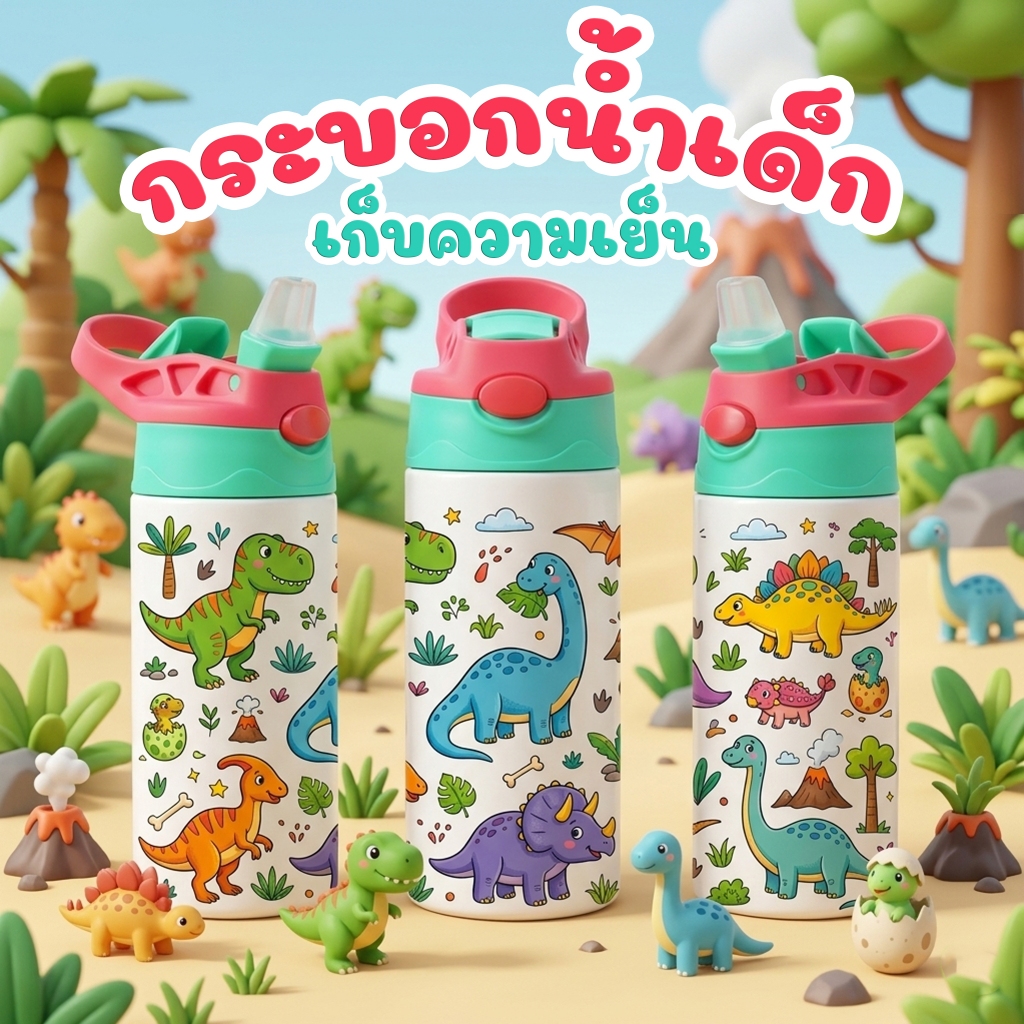 แก้วเก็บความเย็น สำหรับเด็ก สกรีนลายรอบใบ ขนาด 360 ml. สแตนเลส 304 ขวดน้ำลายไดโนเสาร์ กระบอกน้ำเด็ก