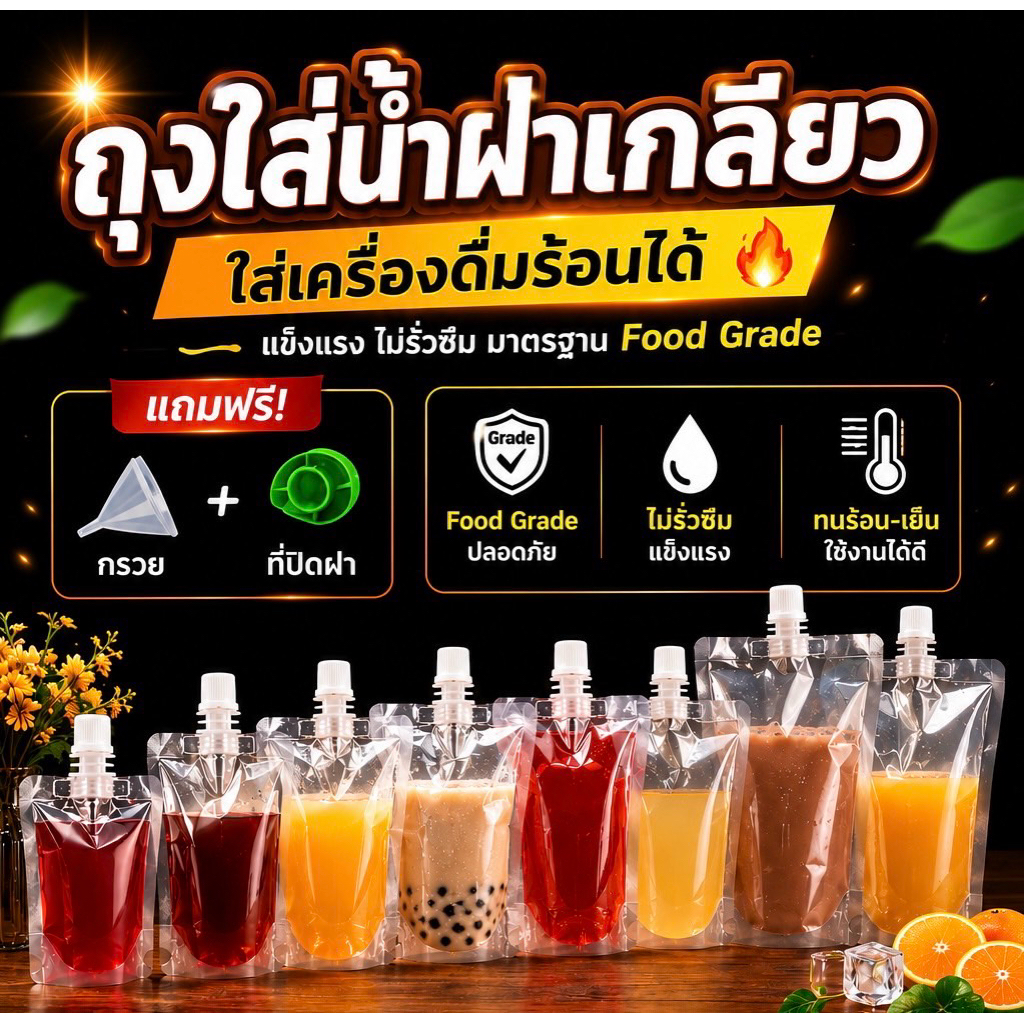 (50 ใบ)  ถุงฝาเกลียว ก้นตั้งได้ ถุงใส่น้ำ ถุงใส่น้ำจิ้ม ใส่เยลลี่ แถมฟรี กรวยกรอก + ฝาปิด