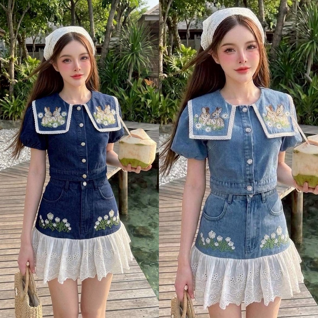 (ปกติ .5 ข้าม) ชุดยีนส์ เสื้อคอปก+กระโปรงยีนส์ แต่งระบายลูกไม้ งานปักกระต่าย งานป้าย si-am