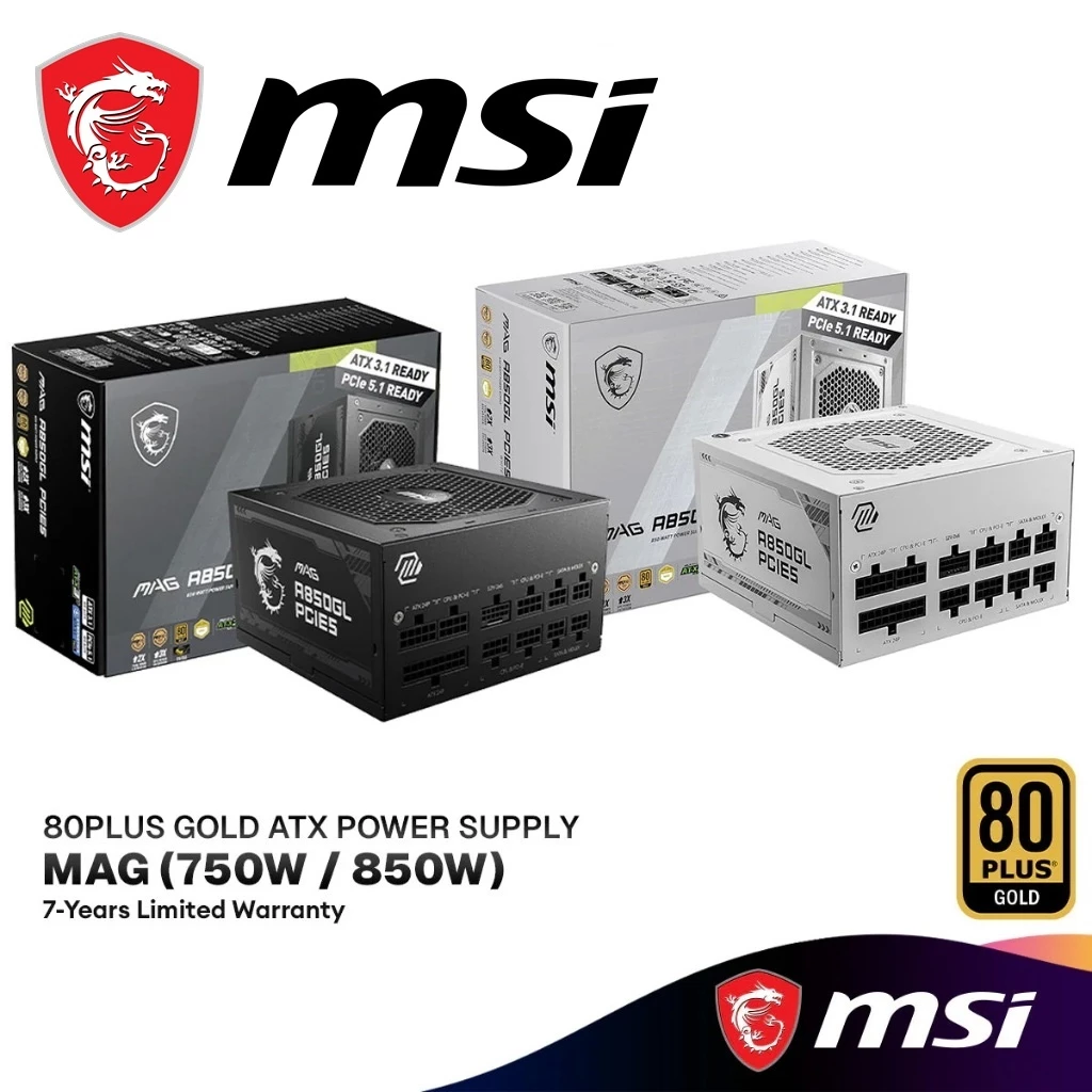 POWER SUPPLY (อุปกรณ์จ่ายไฟ) MSI MAG A850GL PCIE5 850W (80+ GOLD) 7y.