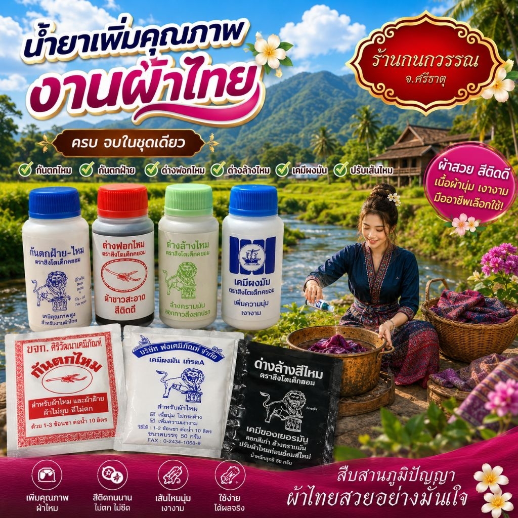 น้ำยากันสีตก ฝ้าย/ไหม ปรับเส้นไหมลื่นและเงา ด่างล้างไหม ด่างฟอกไหม เคมีผงมัน