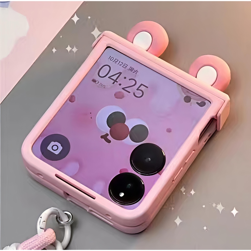 เคสป้องกันโทรศัพท์ Samsung Z Flip 7 6 5 Case ลายหูหมีสีชมพูน่ารักสไตล์ญี่ปุ่นและเกาหลี พร้อมขาตั้ง