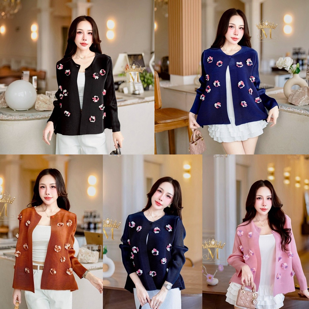 เสื้อคลุมอัดพลีท ยาว 21“ แต่งดอก 3d สวยมากๆ งานป้าย macaron