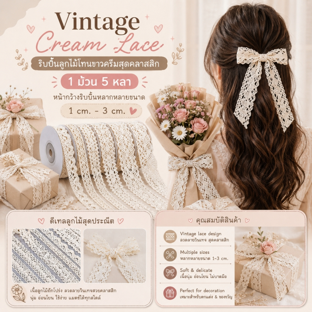 1 ม้วน【5หลา】*  Vintage Cream Lace ริบบิ้นลูกไม้โทนขาวครีมสุดคลาสสิก สำหรับงาน DIY แพ็คของขวัญแนวหวานละมุน [RBY-0103-5Y]