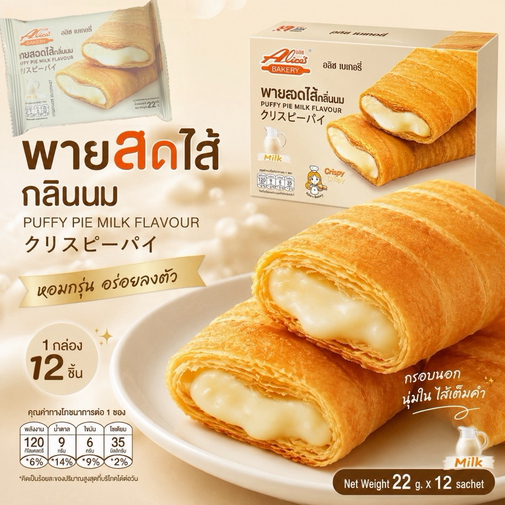 Puffy Pie พายสอดไส้กลิ่นนม [ 1 กล่องมี 12 ชิ้น ] Alice’s Bakery