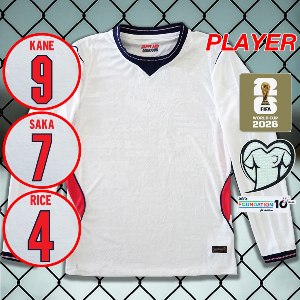 เสื้อฟุตบอล เสื้อแขนยาวเพลเยอร์ทีมชาติ oังกฤษ เหย้า #PY0110 รุ่นฟุตบอลโลก2026 อาร์มWC,ชื่อเบอร์นักเต