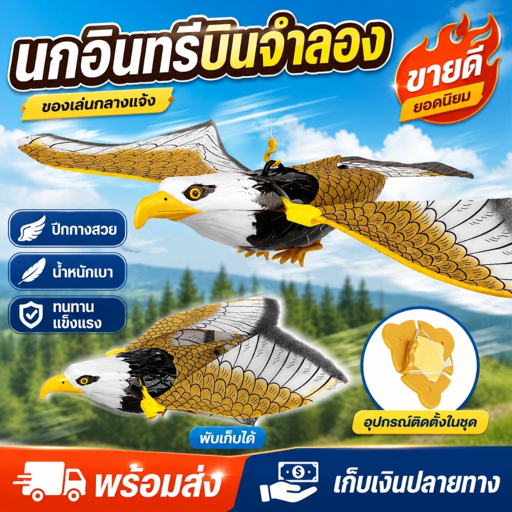 นกอินทรีของเล่น 43x25 ซม. ปีกขยับได้ มีเสียงและไฟ ช่วยไล่นกเหยี่ยวไล่นก ไล่นกพิราบ เหยี่ยวไล่นกมีเสียงขยับได้ มีเสียง ปี