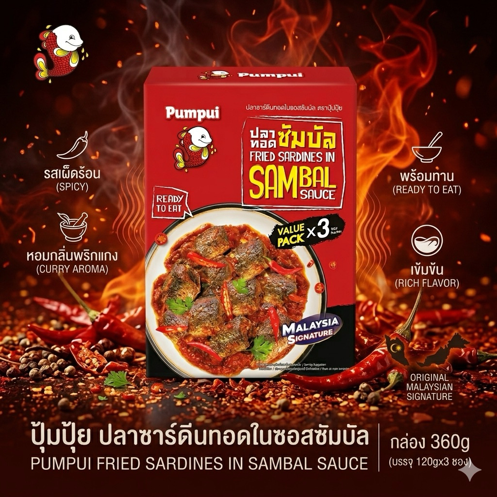[ 1 กล่อง / 3ซอง] ปุ้มปุ้ย ปลาซาร์ดีนทอดในซอสซัมบัล รสชาติมาเลเซีย 360g พร้อมทาน รสเผ็ดร้อน เข้มข้น หอมกลิ่นพริกแกง
