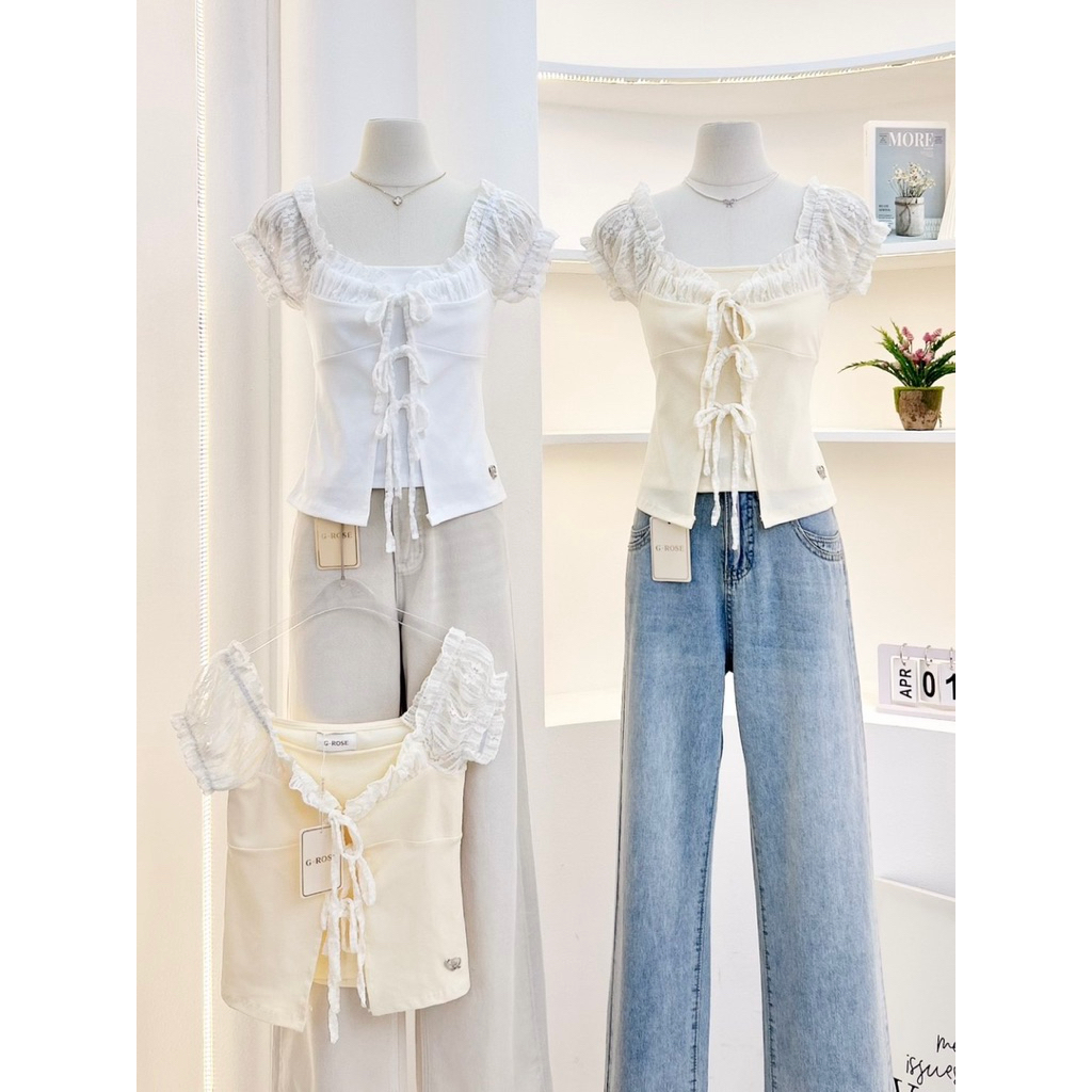 NN776 เสื้อยืดแขนตุ๊กตาลูกไม้ เสื้อเย็บ2ชั้น G-rose🌹