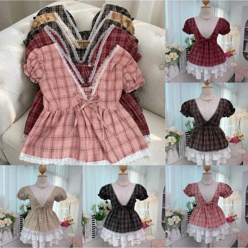 เสื้อคอวีแขนตุ๊กตา detail แต่งลูกไม้ลายสก็อตน่ารักทรงคอ V ลึกผูกโบว์หน้า